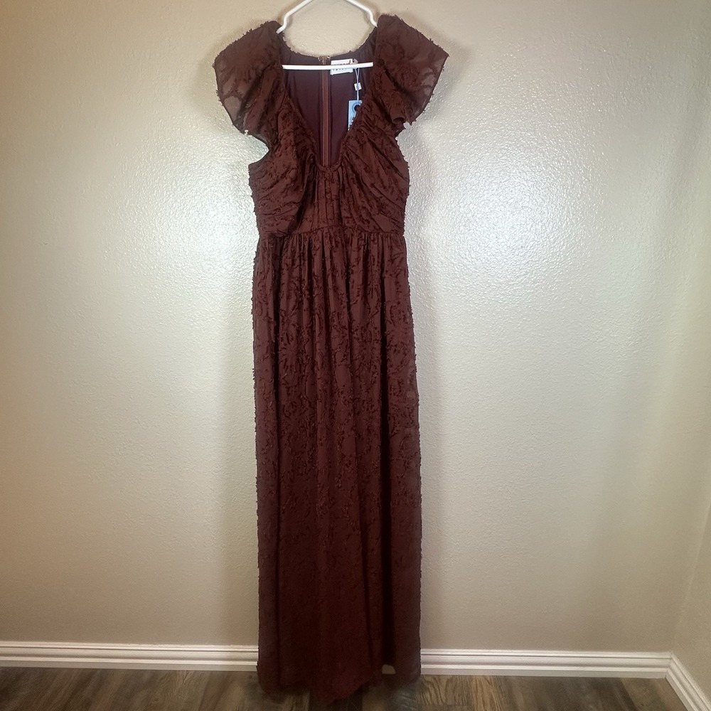 NWT Tanya Taylor Leonie Flutter Sleeve Textured Maxi Burgundy Formal Dress Sz‎ 8